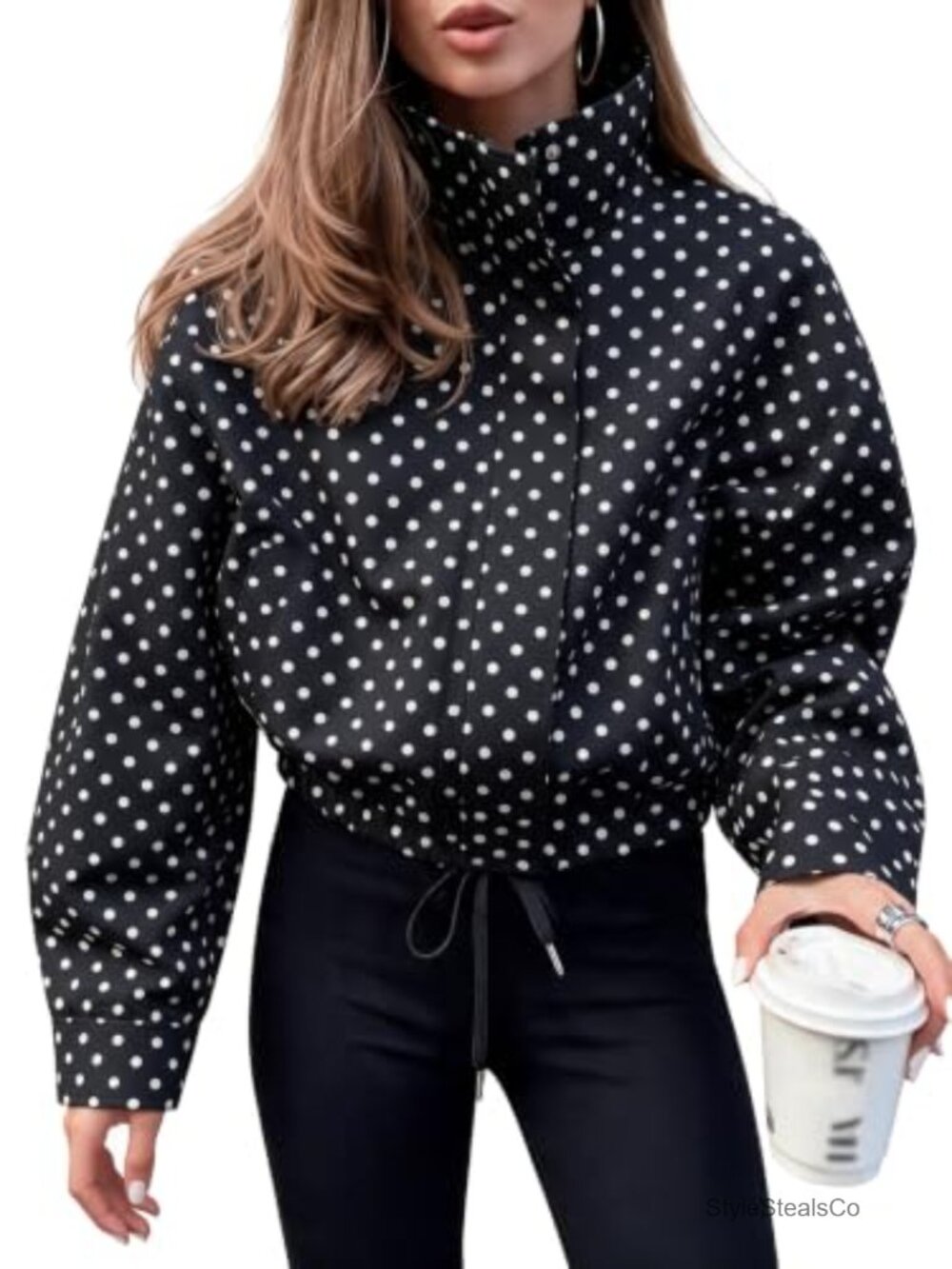 Narecte Funnel Neck Polka Dot Cropped Jacket Casual Zip Up Lightweight Women